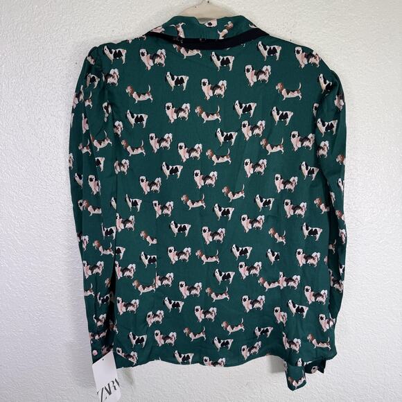 Zara Top Womens XL Dog Print Bow Button Blouse Novelty New Green Blogger Fave - Picture 2 of 13